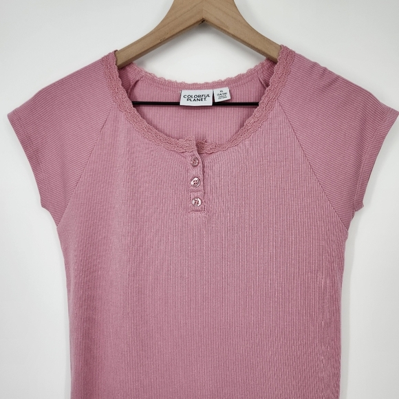 Colorful Planet Womens Ribbed Henley Top Size XL Mauve Lace Trim Y2K‎ Retro 90s - Picture 4 of 7